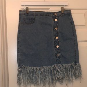 Button down jean skirt with fringed edges